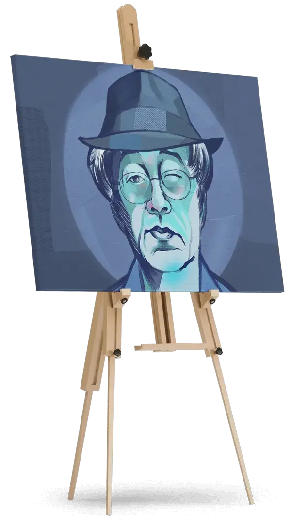 A Painted Satoshi painting on an easel